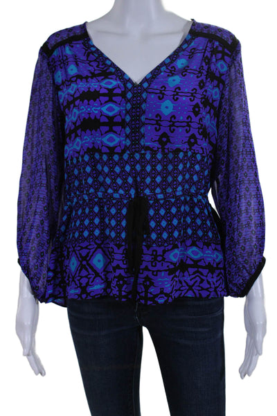 Nanette Lepore Womens Long Sleeve V Neck Abstract Silk Top Purple Blue Size 6