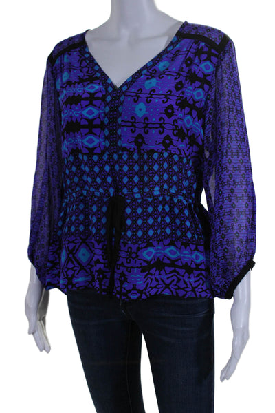 Nanette Lepore Womens Long Sleeve V Neck Abstract Silk Top Purple Blue Size 6