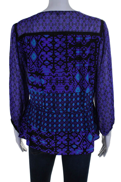 Nanette Lepore Womens Long Sleeve V Neck Abstract Silk Top Purple Blue Size 6