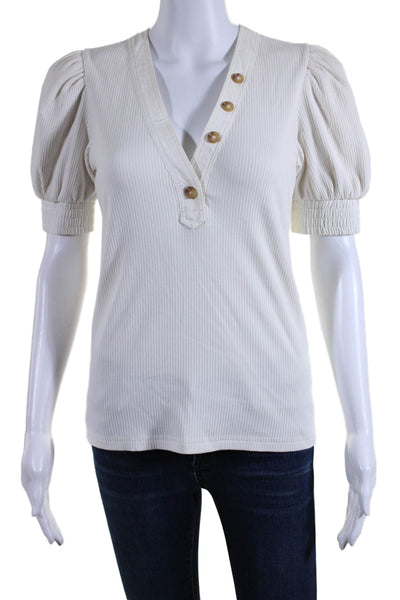 Derek Lam 10 Crosby Womens Cotton Puff Sleeve Ribbed V Neck Top White Size XS