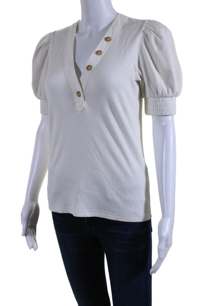 Derek Lam 10 Crosby Womens Cotton Puff Sleeve Ribbed V Neck Top White Size XS