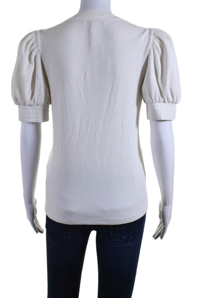 Derek Lam 10 Crosby Womens Cotton Puff Sleeve Ribbed V Neck Top White Size XS