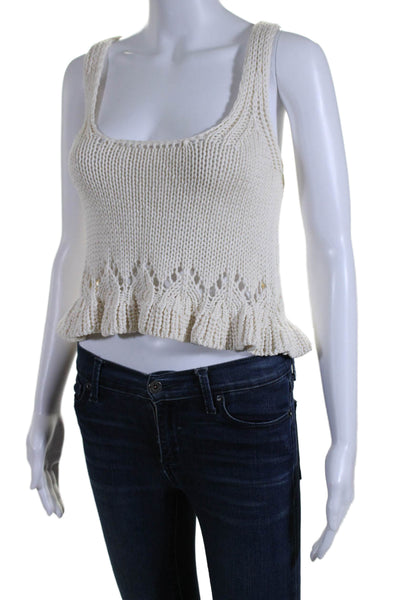 Ba&Sh Womens Cotton Scoop Neck Ruffle Trim Cropped Knit Top Beige Size XS