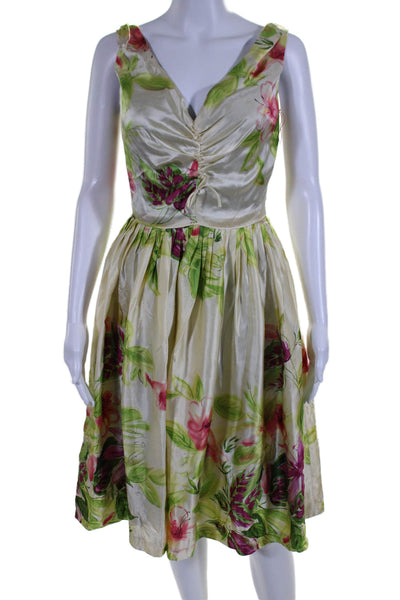 Molly Womens Side Zip Sleeveless V Neck Silk Floral Shift Dress White Size 4