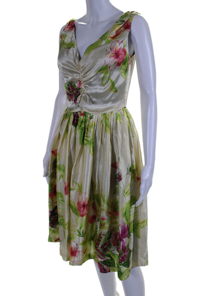 Molly Womens Side Zip Sleeveless V Neck Silk Floral Shift Dress White Size 4