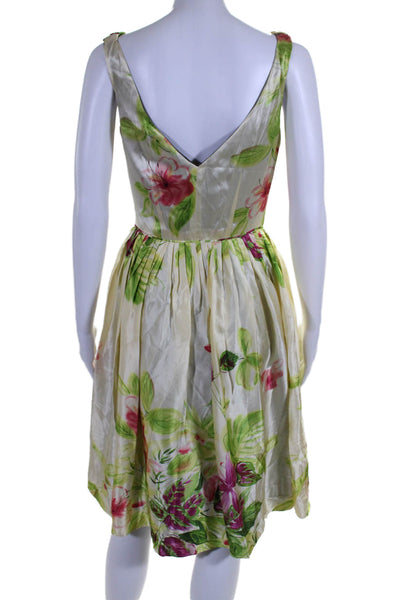 Molly Womens Side Zip Sleeveless V Neck Silk Floral Shift Dress White Size 4