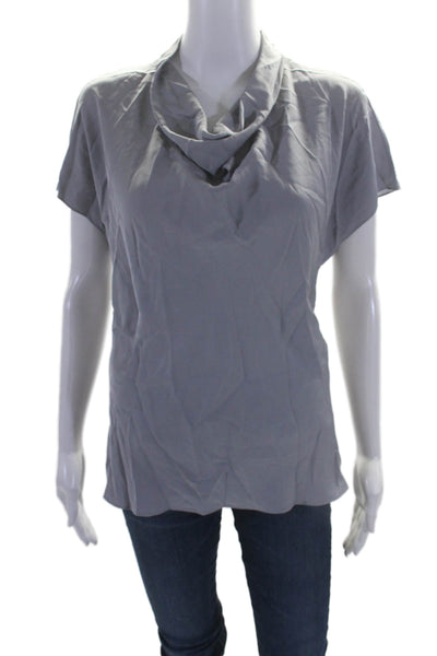 Theory Womens Satin Textured Mock Neck Short Sleeve Blouse Gray Size M