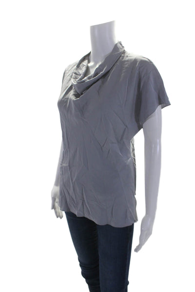 Theory Womens Satin Textured Mock Neck Short Sleeve Blouse Gray Size M