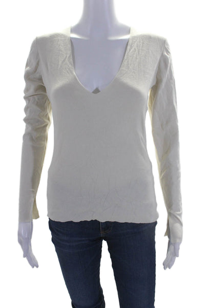 Atelier Womens V-neck Long Sleeve Ribbed Knit Casual Top Cream Size M