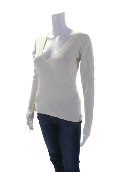 Atelier Womens V-neck Long Sleeve Ribbed Knit Casual Top Cream Size M