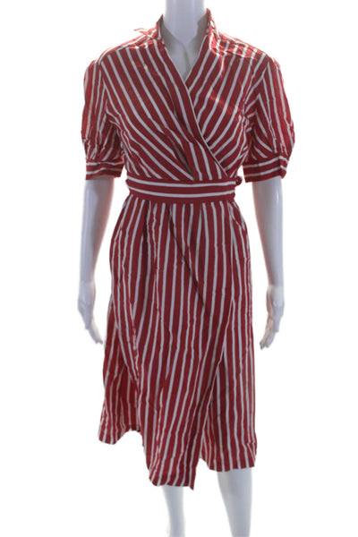 Sandro Women's Collared Short Sleeves Wrap Midi Dress Red White Striped Size 34