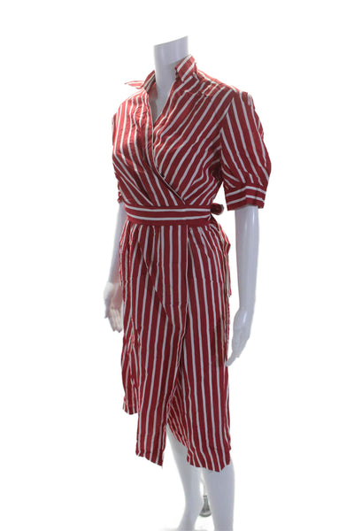 Sandro Women's Collared Short Sleeves Wrap Midi Dress Red White Striped Size 34