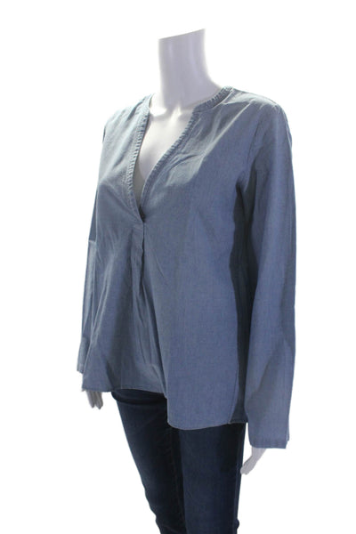 Theory Womens Cotton V Neck Long Sleeve Runic Blouse Blue Size S