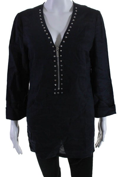 Michael Michael Kors Womens Linen Zip Beaded Long Sleeve Blouse Black Size M