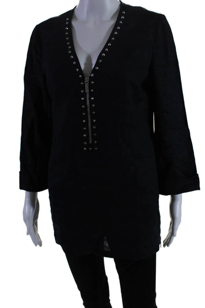 Michael Michael Kors Womens Linen Zip Beaded Long Sleeve Blouse Black Size M