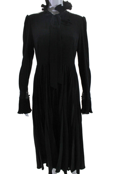 CO Womens Long Sleeve Pleated Ruffled Tie Neck Midi Shift Dress Black Medium