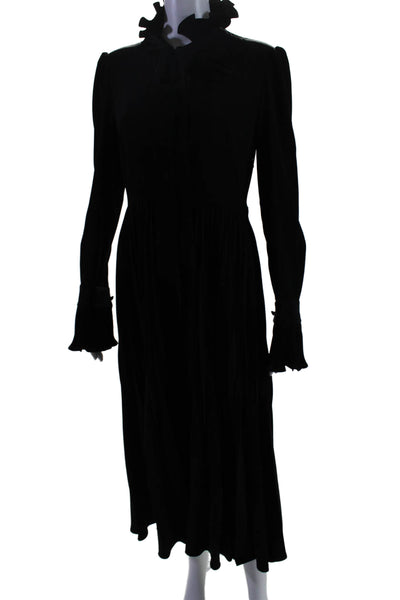 CO Womens Long Sleeve Pleated Ruffled Tie Neck Midi Shift Dress Black Medium