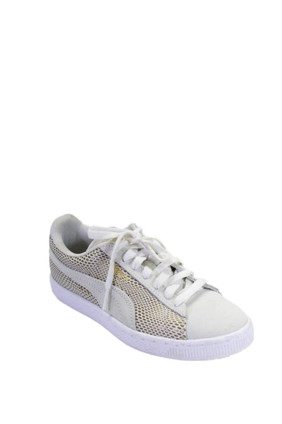 Puma Womens Leather Animal Print Low Top Lace Up Sneakers White Gold Size 6