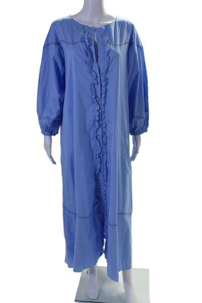 Levinia Womens Button Down Long Sleeves Ruffled Shirt Dress Blue Cotton Size Med