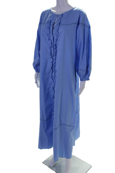 Levinia Womens Button Down Long Sleeves Ruffled Shirt Dress Blue Cotton Size Med