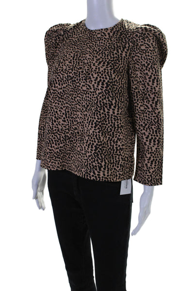 Ulla Johnson Womens Animal Print Puffy Sleeves Blouse Brown Black Cotton Size 0