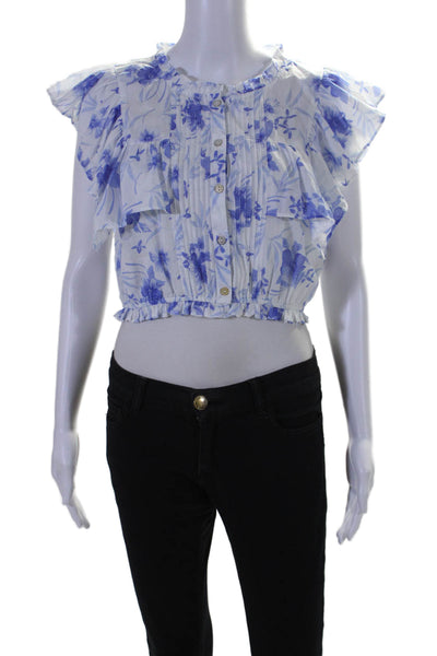 Love Shack Fancy Womens Floral Print Button Down Blouse White Blue Size Small