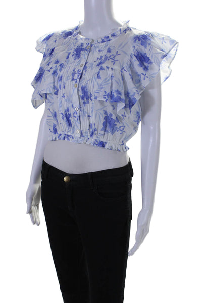 Love Shack Fancy Womens Floral Print Button Down Blouse White Blue Size Small