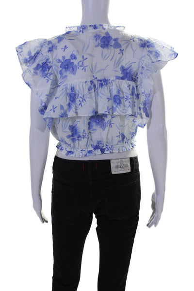 Love Shack Fancy Womens Floral Print Button Down Blouse White Blue Size Small