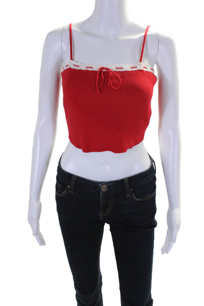 Isalis Women's Square Neck Spaghetti Straps Ribbed Cropped Top Red Size M