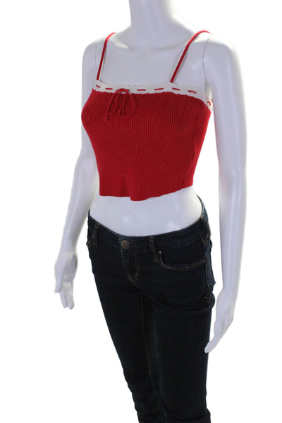 Isalis Women's Square Neck Spaghetti Straps Ribbed Cropped Top Red Size M