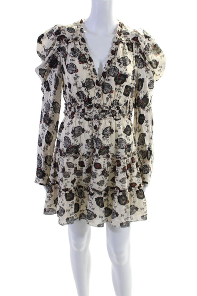 Ulla Johnson Womens Floral Print V Neck A Line Dress Beige Black Cotton Size 6