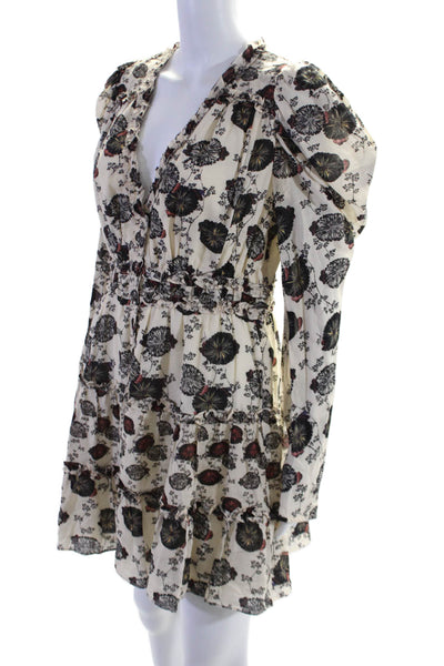 Ulla Johnson Womens Floral Print V Neck A Line Dress Beige Black Cotton Size 6