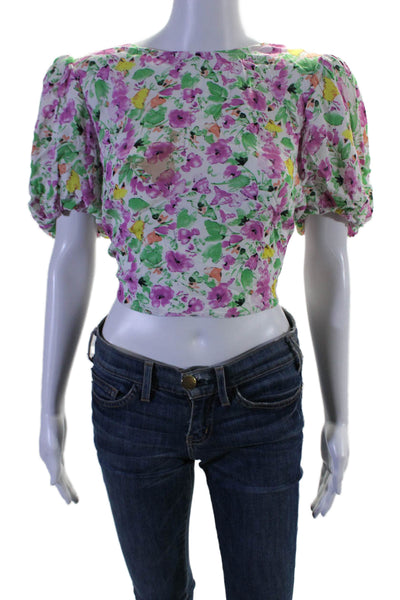 ASTR Womens Short Sleeve Scoop Neck Floral Top White Pink Green Size Medium