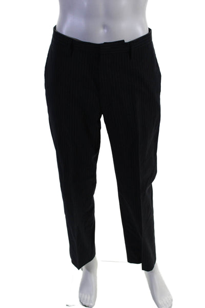 Banana Republic Mens Wool Pinstriped Hook and Eye Zipped Dress Pants Black 32