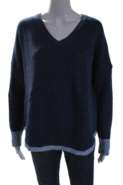 Cashmere101 Womens Cashmere Knit Ribbed V-neck Thick Sweater Blue Size L