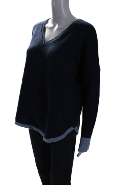 Cashmere101 Womens Cashmere Knit Ribbed V-neck Thick Sweater Blue Size L