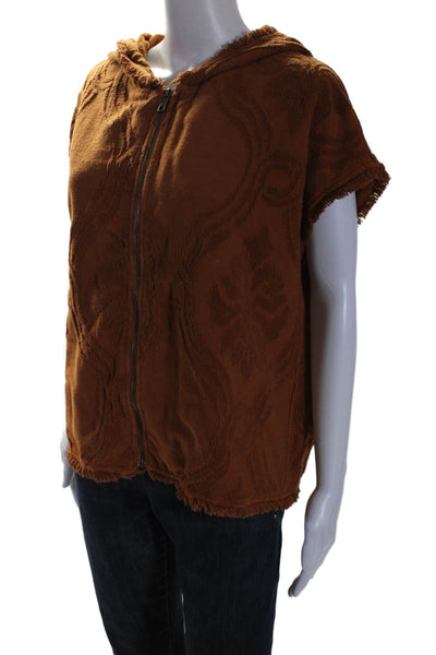 Devotion Womens Hood Sleeveless Full Zip Fringe Hem Textured Blouse Brown Size S