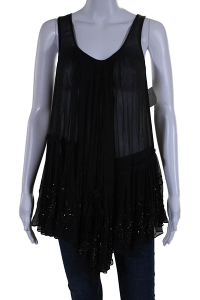 Allsaints Womens Sleeveless Scoop Neck Beaded Sheer Silk Top Black Size 10