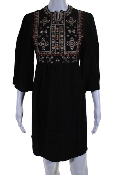 Isabel Marant Womens Embroidered Abstract Short Sleeve Mini Dress Black Size 34