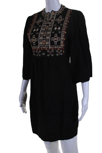 Isabel Marant Womens Embroidered Abstract Short Sleeve Mini Dress Black Size 34