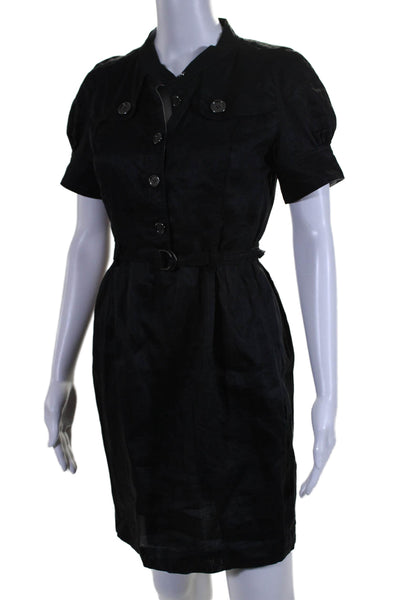 Burberry London Womens Round Neck Short Sleeve Button Up Dress Black Size 4