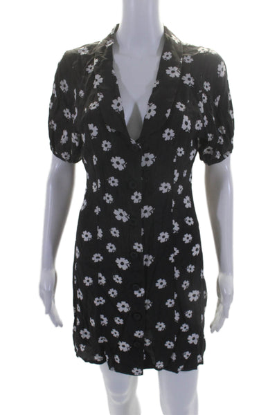 Rollas Womens Floral Collared Short Sleeve Button Up Mini Dress Black Size S