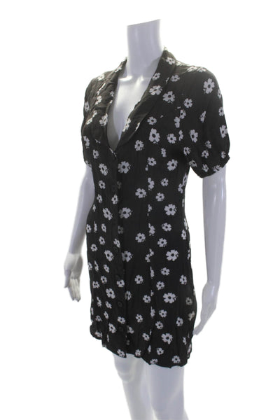 Rollas Womens Floral Collared Short Sleeve Button Up Mini Dress Black Size S