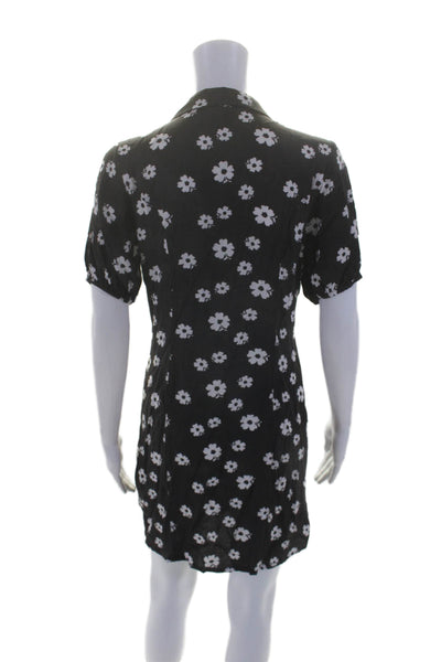 Rollas Womens Floral Collared Short Sleeve Button Up Mini Dress Black Size S