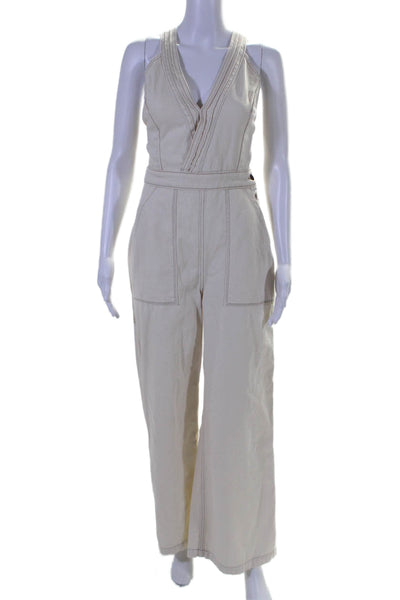 Etica Womens Denim Halter Neck High Rise Wide Leg Overalls White Size Small