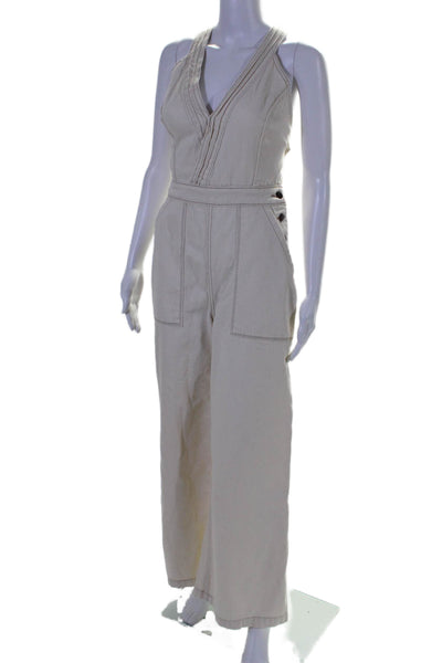 Etica Womens Denim Halter Neck High Rise Wide Leg Overalls White Size Small