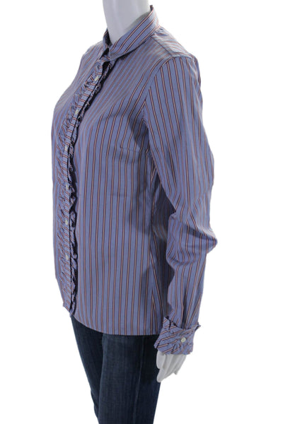 Borsa Donna Womens Cotton Blue Striped Ruffle Button Front Blouse Top Size 42