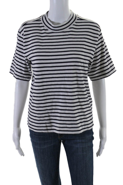 AYR Womens Short Sleeve Mock Neck Striped Tee Shirt White Navy Cotton Size Small