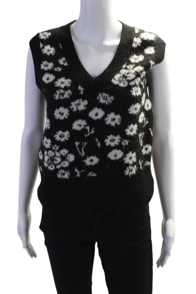 ASTR Womens V Neck Knit Floral Printed Sweater Vest Black White Size Large