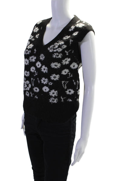 ASTR Womens V Neck Knit Floral Printed Sweater Vest Black White Size Large